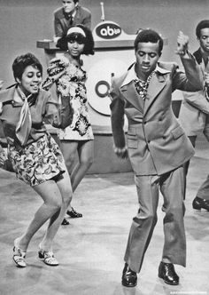 an old black and white photo of people dancing on the tv show's set