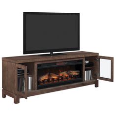 an entertainment center with a fireplace and flat screen tv mounted on it's sides