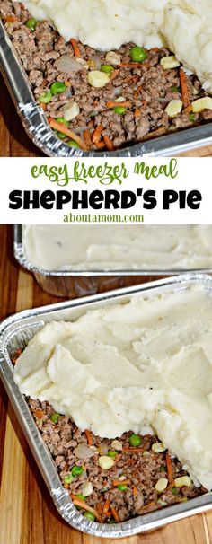 two tin pans filled with shepherd's pie on top of a wooden table