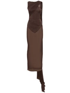 Non-detachable scarf panel. Low cut back. Model is wearing a size38 Sheer Long Dress, Dress With Scarf, Monochromatic Fashion, Back Model, Sheer Maxi Dress, Fashion Moodboard, Fitted Maxi Dress, Silk Dress Long, The Attico