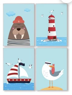 four pictures with animals and boats in the water, one has a lighthouse on it