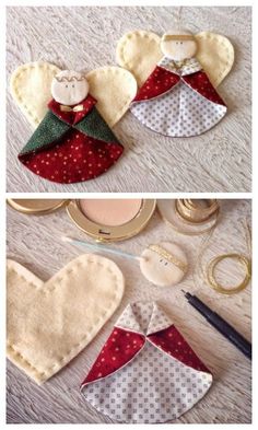 two pictures showing how to make an angel ornament with fabric and felt pieces