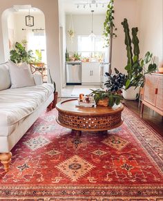 a living room filled with furniture and plants on top of a red rug in front of a white couch