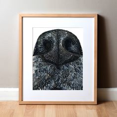 a framed photograph of an owl's face on a wall next to a wooden floor