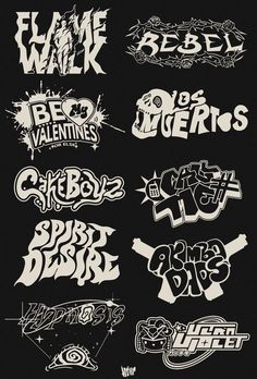 various graffiti stickers are shown on a black background, including the words and numbers