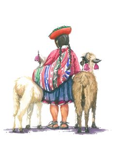 a woman with three llamas standing next to each other in front of a white background