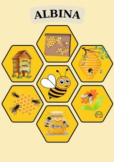 a bunch of bees that are on top of some honeycombs and the words albina