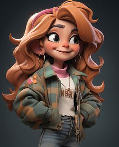 a cartoon character with long hair wearing a jacket and jeans, standing in front of a black background