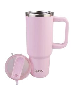 thermos travel mug with lid and handle in pink is shown next to an empty cup