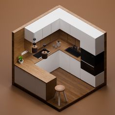 an overhead view of a kitchen with white cabinets and wood flooring on the walls