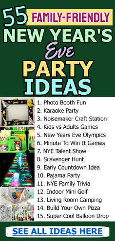 an advertisement for a new year's eve party with games and drinks on it