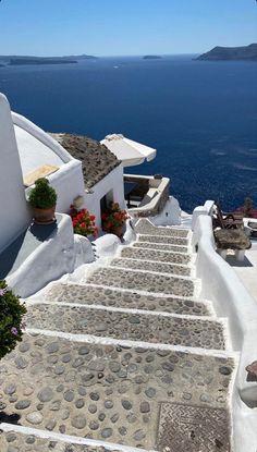 stairs leading up to the top of a building with flowers growing on it and water in the background