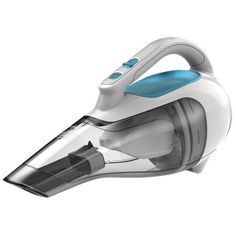 a white and blue steam iron on a white background