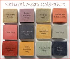 soaps with different colors and names on them are labeled in the words natural soap co