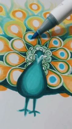 a drawing of a peacock with blue and orange feathers