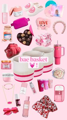 a pink background with lots of different items on top of it and the words bac basket