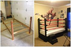 there are two pictures one has a bed and the other has a ladder