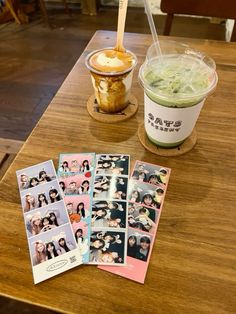 an ice cream sundae and some photos are on the table next to each other