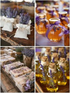 lavender soaps and honey jars are displayed on wooden trays with ribbons, tags, and twine - knoted bows