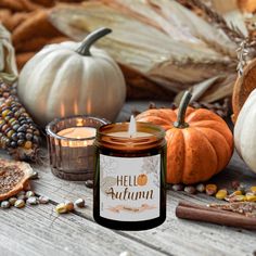 a candle that is sitting in front of some pumpkins and other autumn decorations on a table