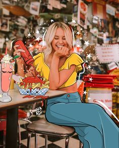 a woman sitting at a table in front of a plate of food with a drink