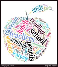 an apple shaped word cloud with words related to teachers and students in the middle one