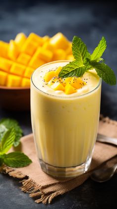 a glass filled with pudding next to some sliced mangoes and mint on a cloth