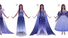 three different views of a woman in blue and white dress with stars on her shoulders