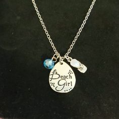 Super Cute Silver Color Necklace Features A Teardrop Shaped Medallion That Reads "Beach Girl " A Little Silver Flip-Flop And A Small, Round, Clear Blue Bead. The 18" Chain Is Delicate And Has A Two Inch Extension. Medallion Is 1"X3/4" And The Flip-Flop Is 1/2". Mint Green Fashion, Beaded Chocker, Silver Flip Flops, Lampwork Glass Pendants, Faith Necklace, Orange Necklace, Chunky Statement Necklace, Agate Pendant Necklace, Color Necklace