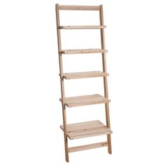 a wooden ladder shelf with three shelves on each side