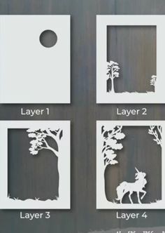 four paper cutouts with different shapes and sizes, each showing an animal in the forest