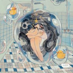 a painting of a woman in a bubble bath with rubber ducks floating around her,