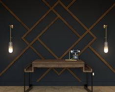 a table with some lights on it in front of a wall that has geometric designs