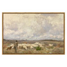 a painting of a man with sheep in a field