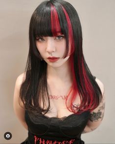 Black Hair Red Tips, Hime Cut, Pink And Black Hair, Dyed Tips, Korean Hair Color, Black Hair Dye, Goth Hair, Pretty Hair Color