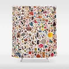 a shower curtain with many different items on it