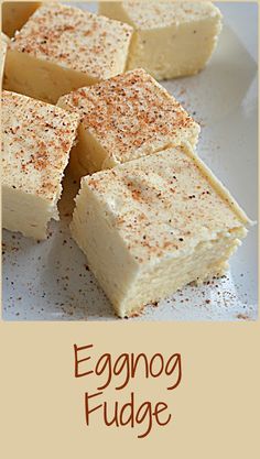 eggnog fudge on a white plate with cinnamon sprinkles