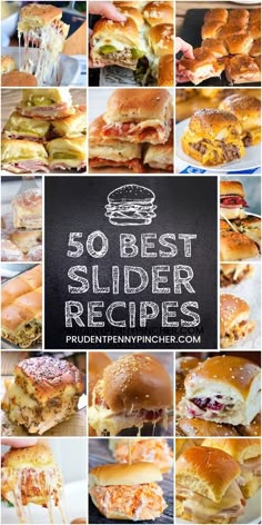 the cover of 50 best slider recipes, with pictures of different sliders and sandwiches