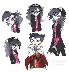 four different poses of an anime character with black hair and red eyes, one wearing a pink