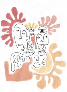 a drawing of three faces on a white background