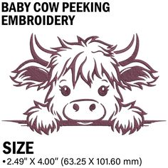 a drawing of a baby cow peeking out from behind a white sheet with the words size