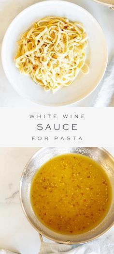 white wine sauce for pasta in a bowl next to a plate with spaghetti on it