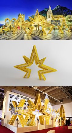 two images show the inside of a building with gold stars on it and people walking around