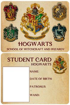 hogwarts school of witchcraft and wizardry student card with harry potter emblems