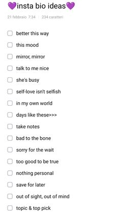 a checklist with the words insta bio ideas written in pink and purple on it