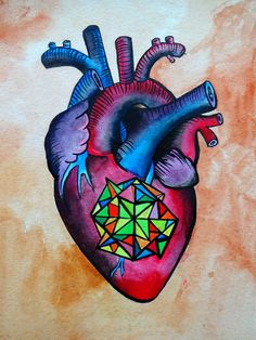 a painting of a heart with an origami cube