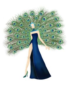 a woman in a blue dress with peacock feathers