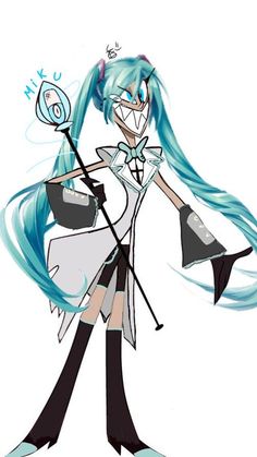 an anime character with long blue hair holding a wand