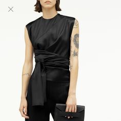 Nwt Unworn Will Mark Tag Up To Prevent Switch Up Black Satin Tops With Sleek Style, Black Satin Sleek Top, Sleek Black Satin Tops, Elegant Black Top For Evening, Elegant Black Evening Top, Black Satin Top For Fall, Black Satin Tops For Evening, Sleek Evening Tops For Spring, Black Satin Blouse For Summer