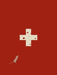 a mouse is standing in front of a red wall with a white cross on it